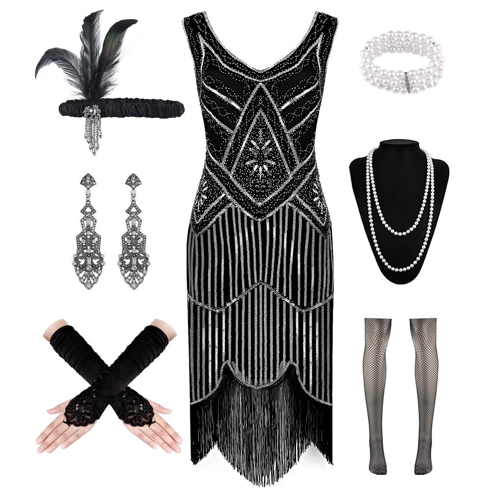 8282 1920s Flapper Dress V Neck Sequin Bead Fringed Dress